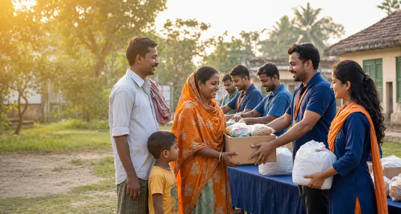 People Relief Foundation volunteers distributing essential relief supplies to a family